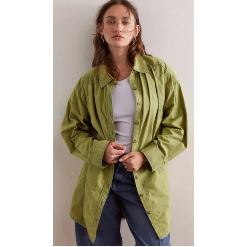 We‎ The Free People Garden State Shirt L Green Tunic Dress Distressed Oversized